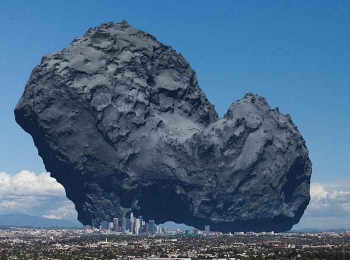 دانشمندان سازمان فضایی اروپا در حرکتی خلاقانه به منظور درک بهتر اندازه دنباله دار 67  پی تصویری خیالی از فرود آن بر روی مرکز شهر لس آنجلس تهیه کرده اند.