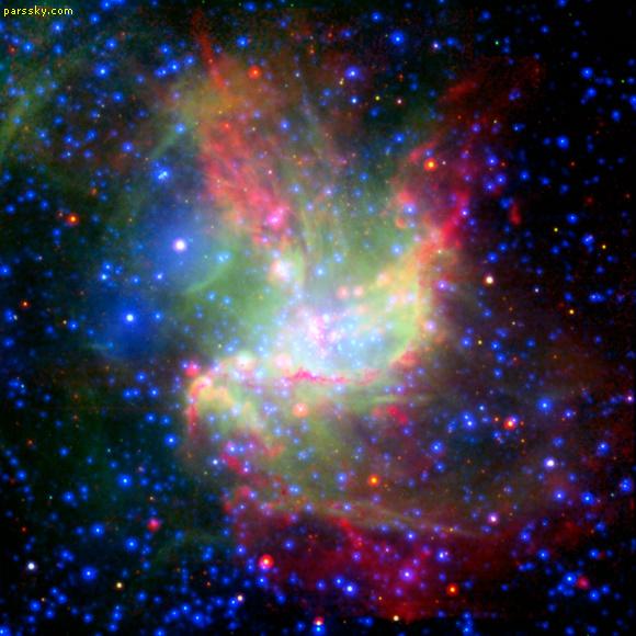 این تصویر رنگی ازNGC 346 درخشان ترین منطقه شکل گیری ستاره در ابر ماژلانی کوچک است ، یک کهکشان کوتوله که به دور کهکشان راه شیری در فاصله ی 210000 سال نوری می گردد .