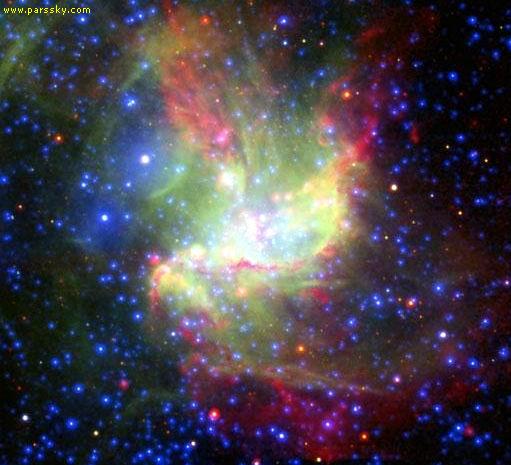 این تصویر زیبای ابر ستاره ساز که بنام NGC 346 نامیده می شود در واقع ترکیبی از نور با طول موج های مختلف است، توسط تلسکوپ فضایی سپایتزر (فرابنفش)، تلسکوپ تکنولوژی نوین رصد خانه جنوبی اروپا با (نور مرئی) و تلسکوپ فضایی نیوتون XMM متعلق به ایسا تهیه شده.