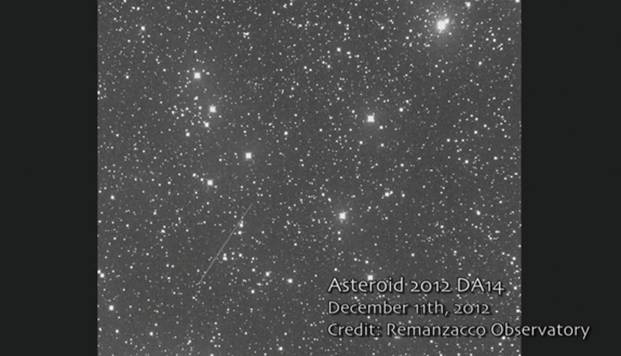 در تاریخ 27 بهمن امسال(15 فوریه) یک سیارک با نام 2012 DA14 با قطر حدود 58 متر وبا وزن حدود 130 هزار تن از فاصله  حدود 34000 از مرکز زمین یا حدود 27700 کیلومتر از سطح زمین،و بسیارکمتر از فاصله ماهواره های GEO از نزدیک زمین خواهد گذشت.